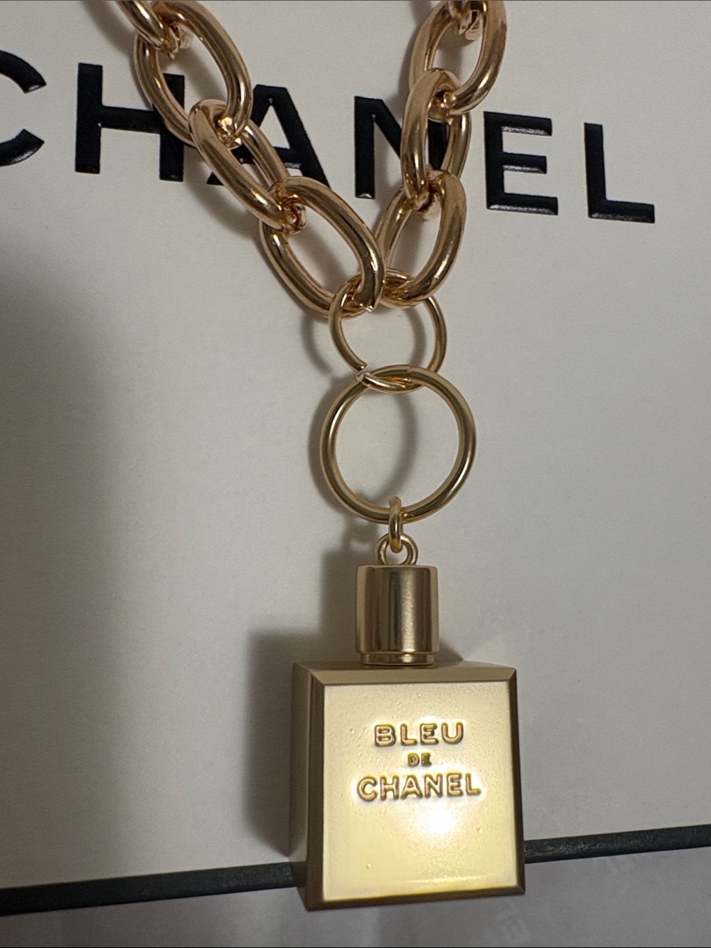 Blue De Chanel Perfume Bottle Charm on Gold Statement Necklace ⭐️✨ - Picture 2 of 7